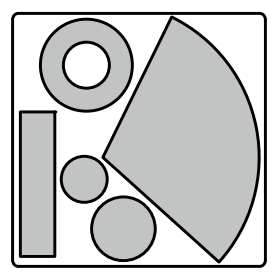 Quadrat mit verschiedenen grauen geometrischen Formen: vertikales Rechteck, drei Kreise und ein großes gebogenes Segment